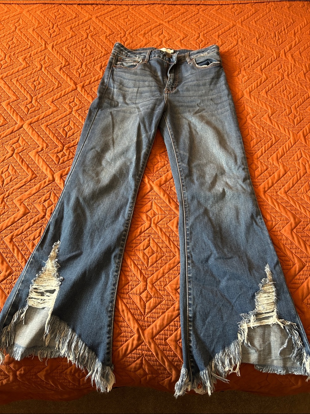 Cello Dark Blue Distressed Flare Jeans with Frayed Hem